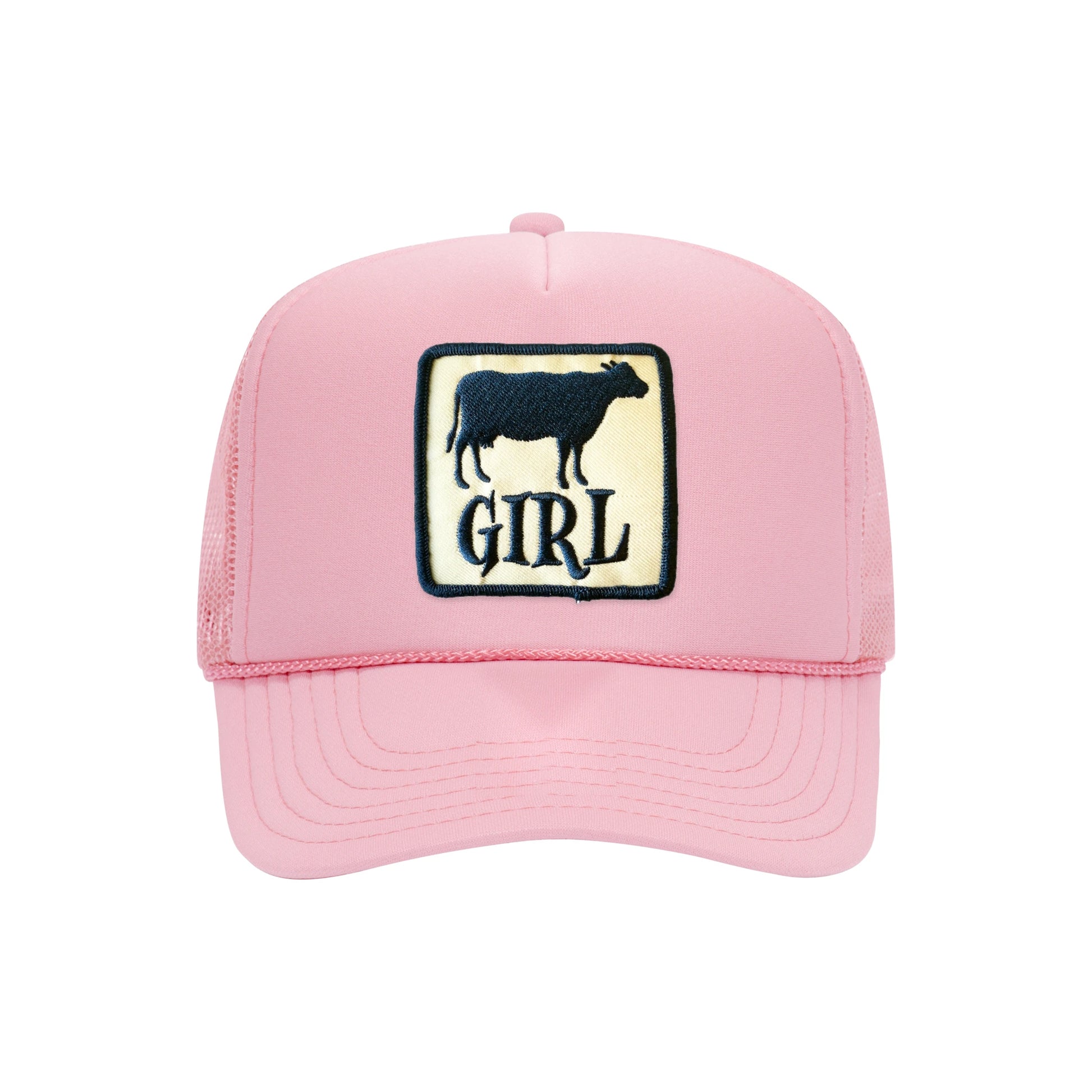 Cow Girl trucker hat in soft pink high-profile foam, front view