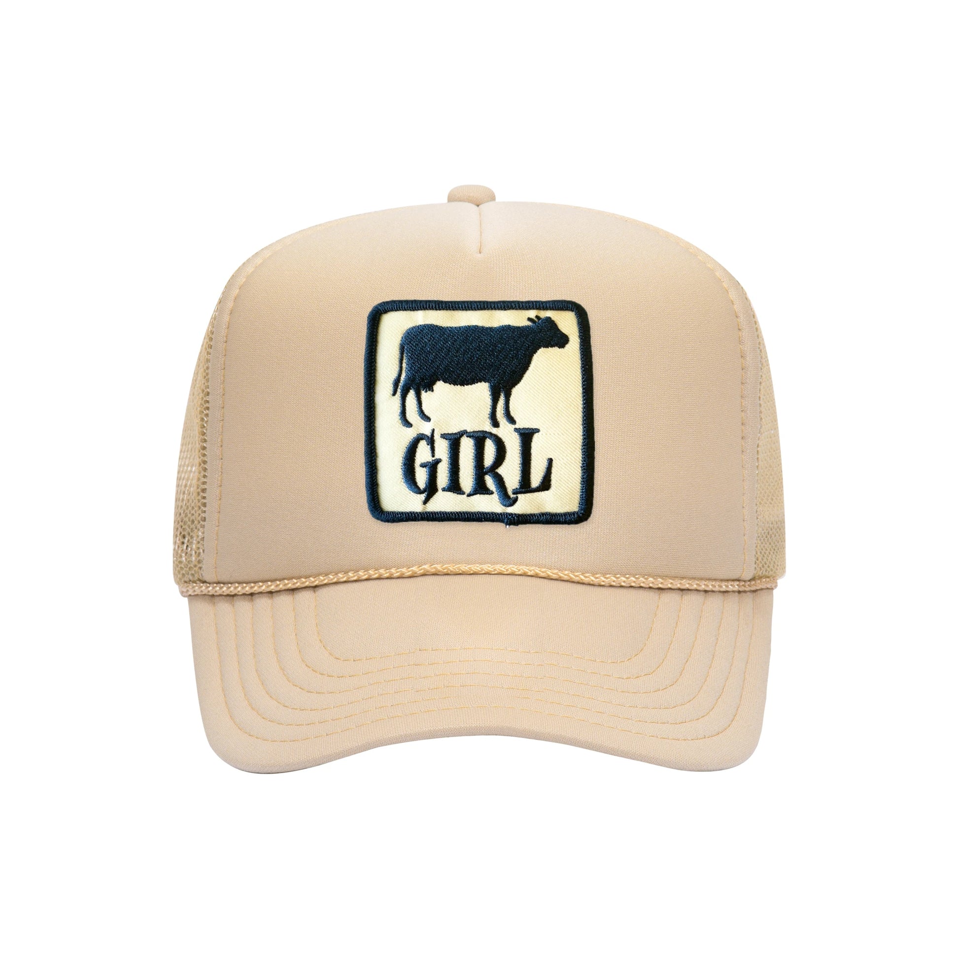 Cow Girl trucker hat in tan high-profile foam, front view
