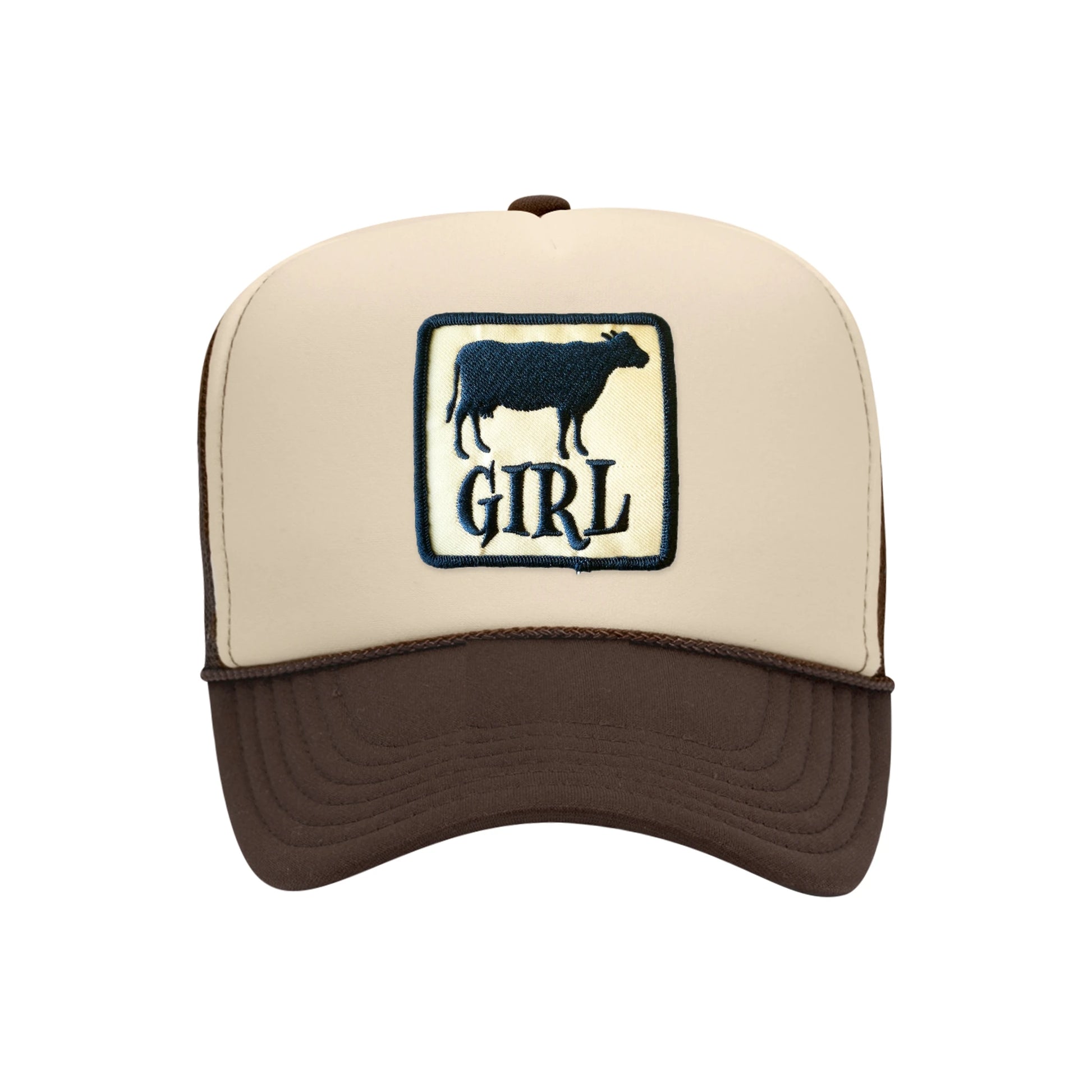 Cow Girl trucker hat in tan and brown high-profile foam, front view