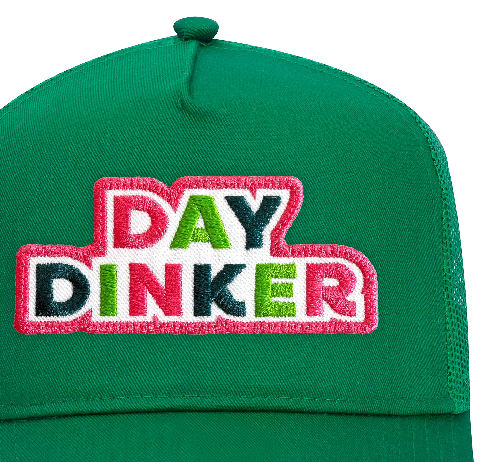 Day Dinker Trucker Hat in Kelly Green close-up patch detail