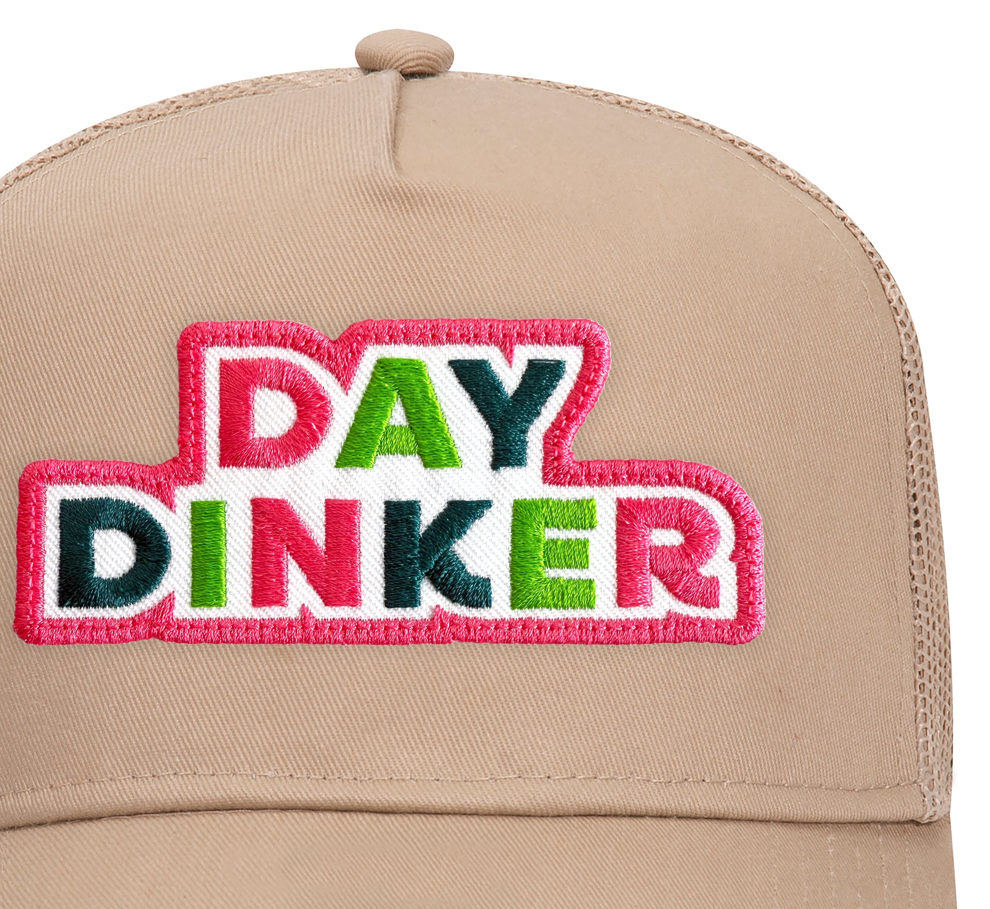 Day Dinker Trucker Hat in Khaki close-up patch detail