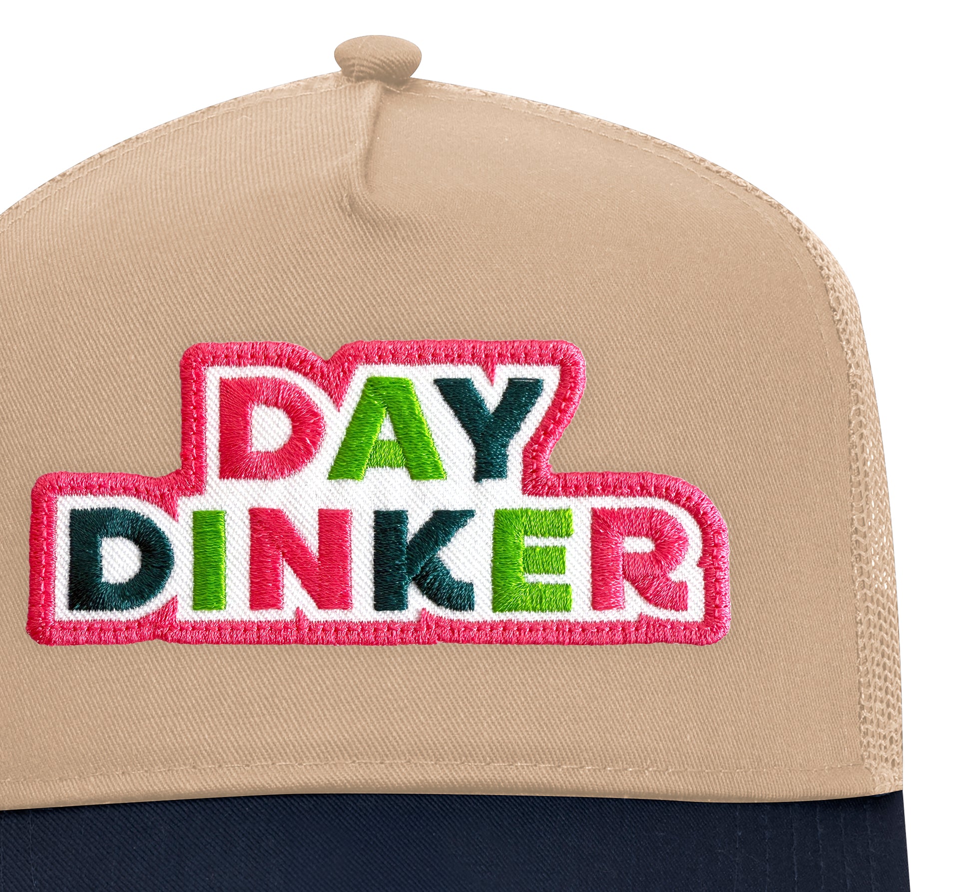 Day Dinker Trucker Hat in Khaki/Navy close-up patch detail