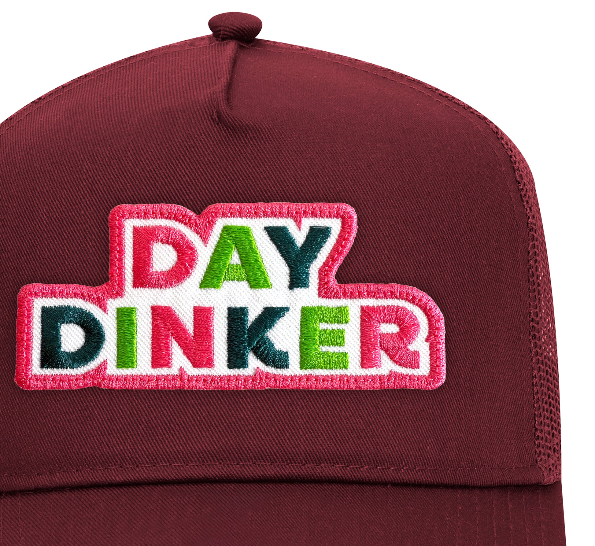 Day Dinker Trucker Hat in Maroon close-up patch detail