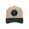 Drinks Well With Others trucker hat in khaki and dark green, front view