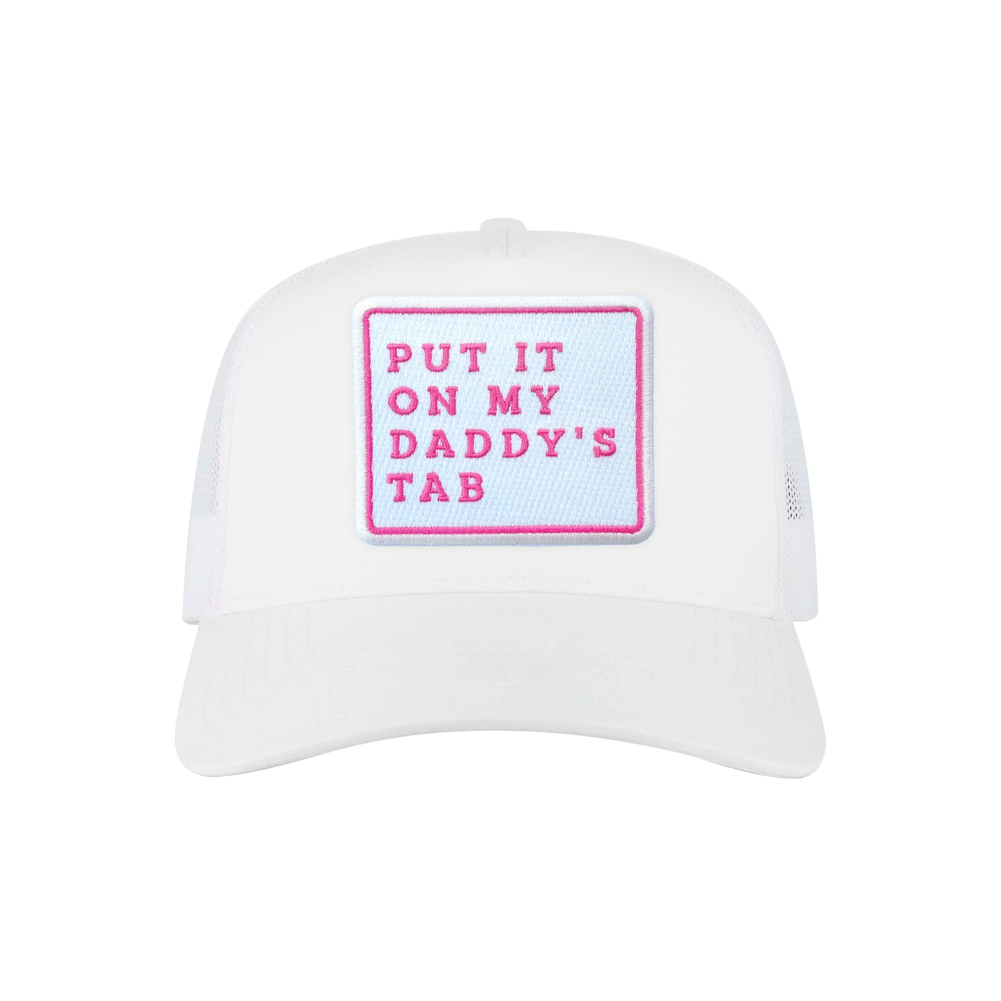 Put It On My Daddy's Tab trucker hat in white, front view