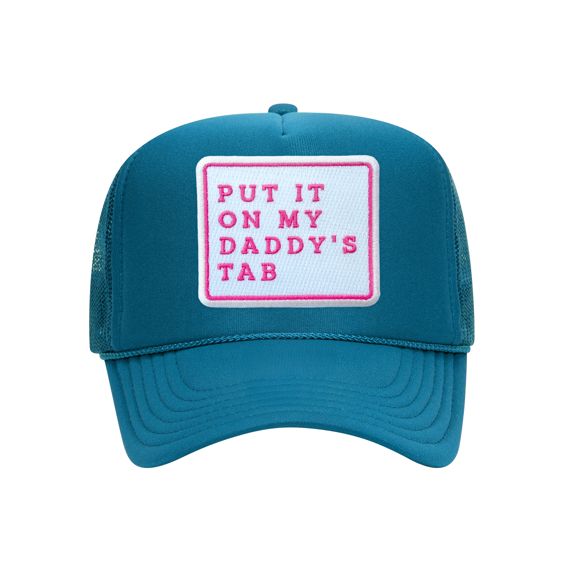 Put It On My Daddy's Tab trucker hat in turquoise, front view