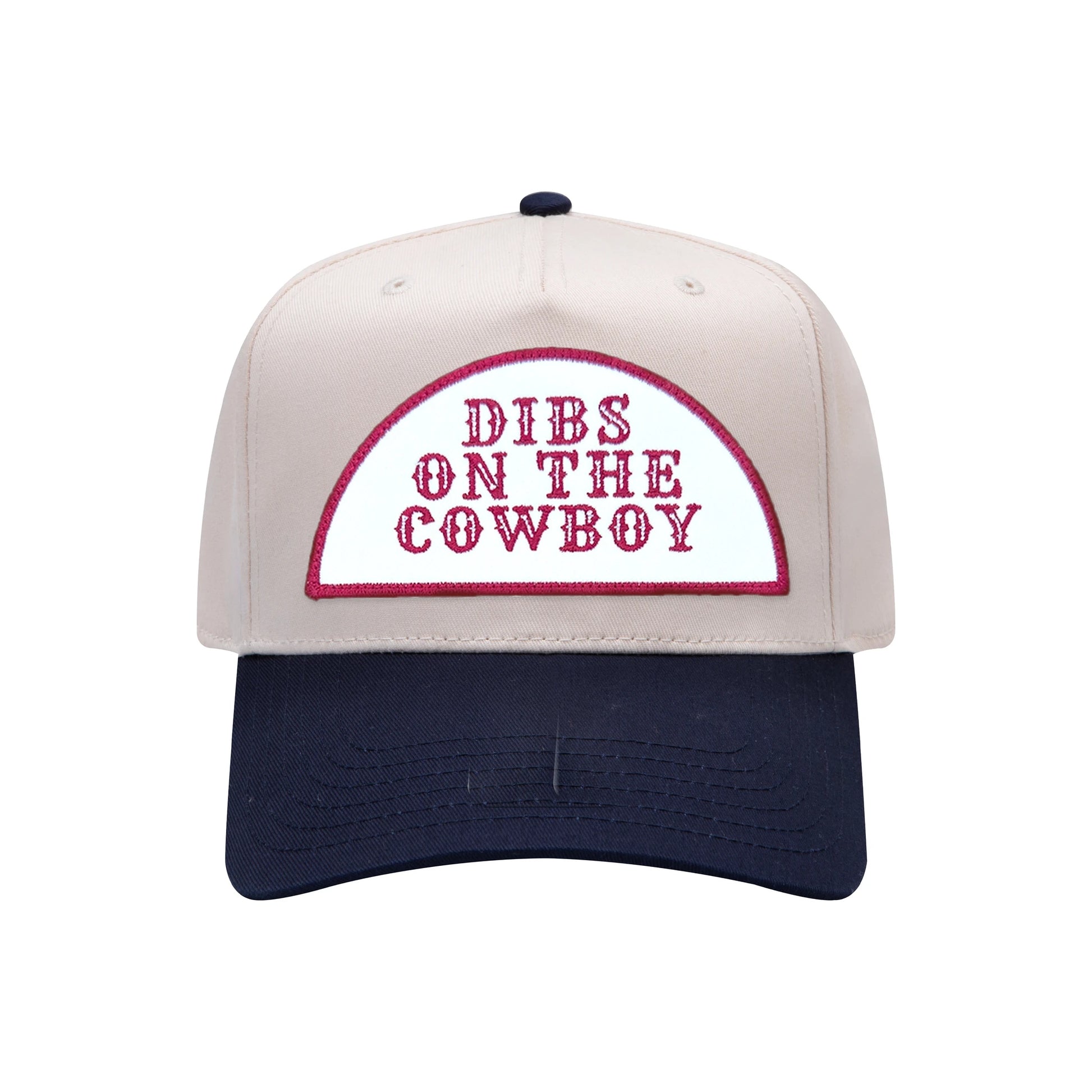 Dibs On The Cowboy mid-profile baseball cap in natural and navy, front view