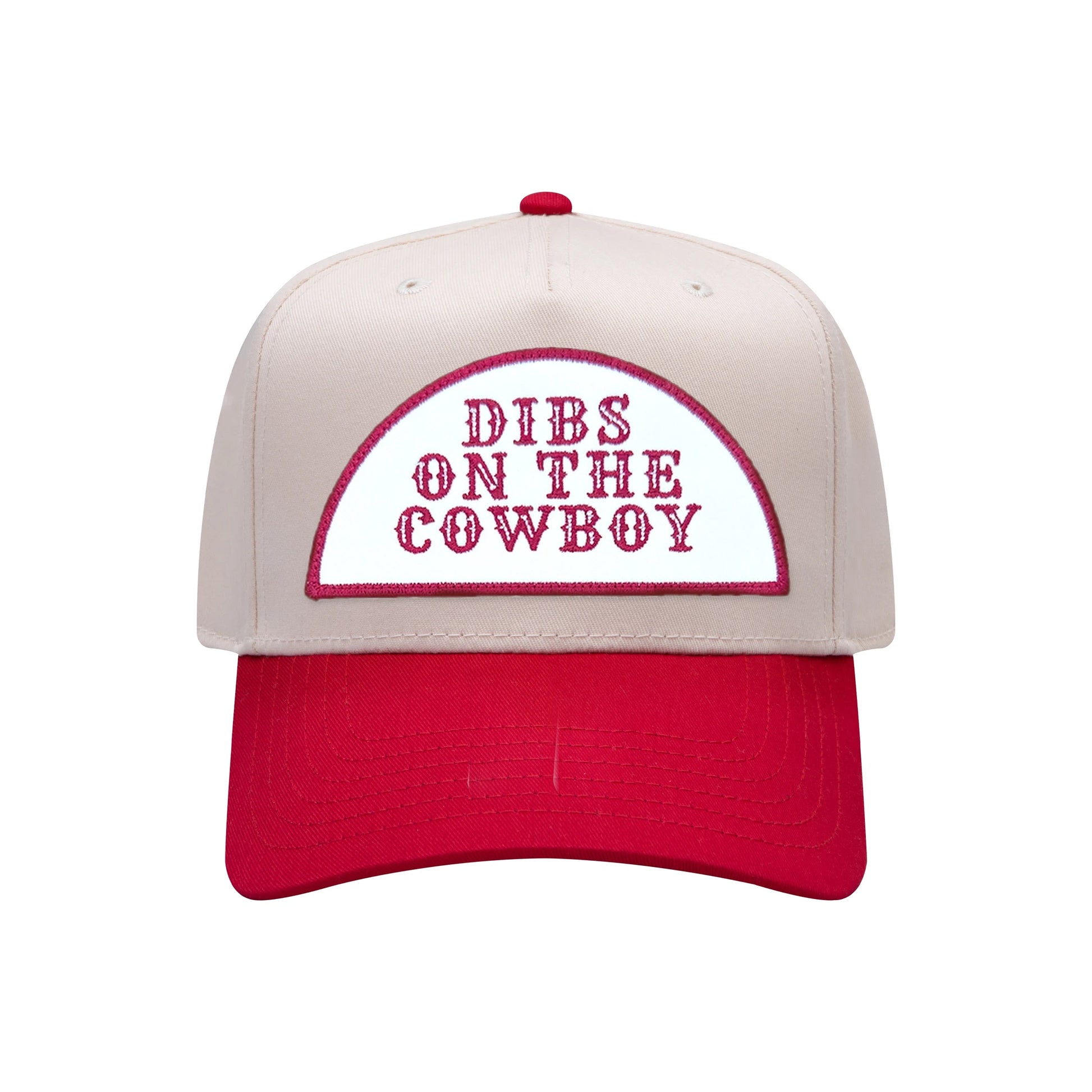 Dibs On The Cowboy mid-profile baseball cap in natural and red, front view