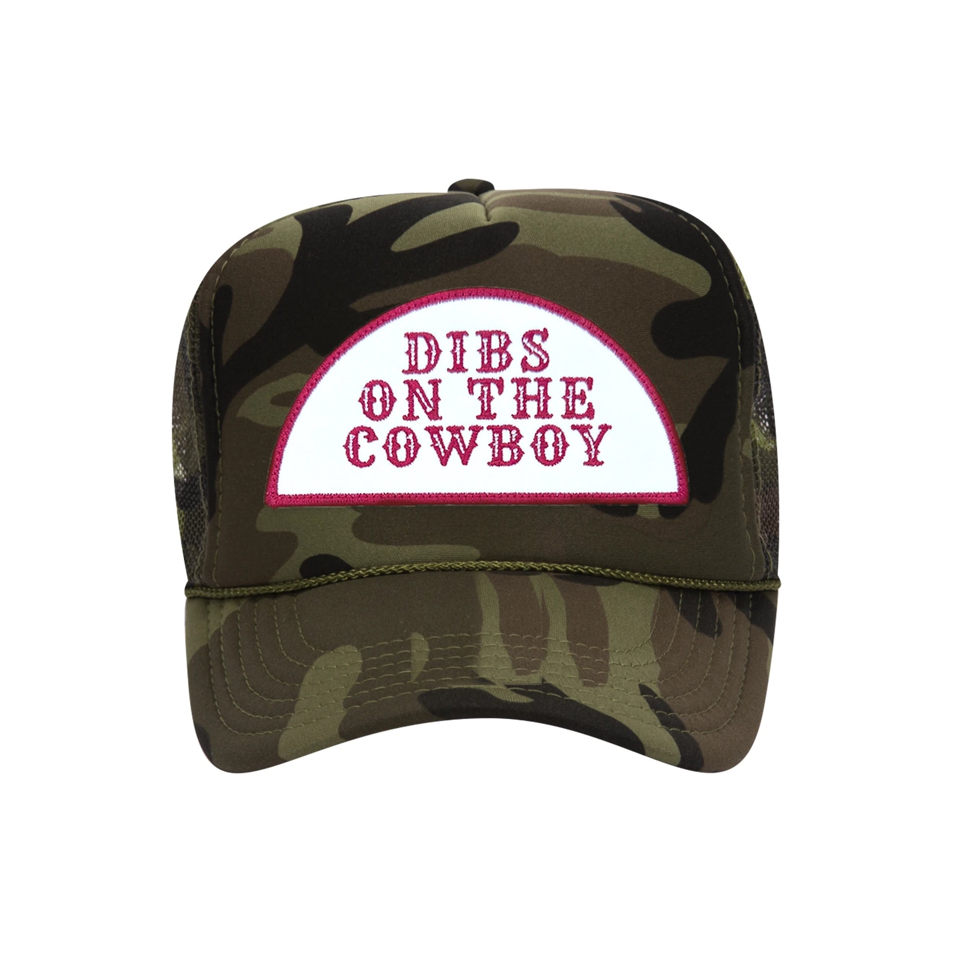 Dibs On The Cowboy trucker hat in camouflage high-profile foam, front view