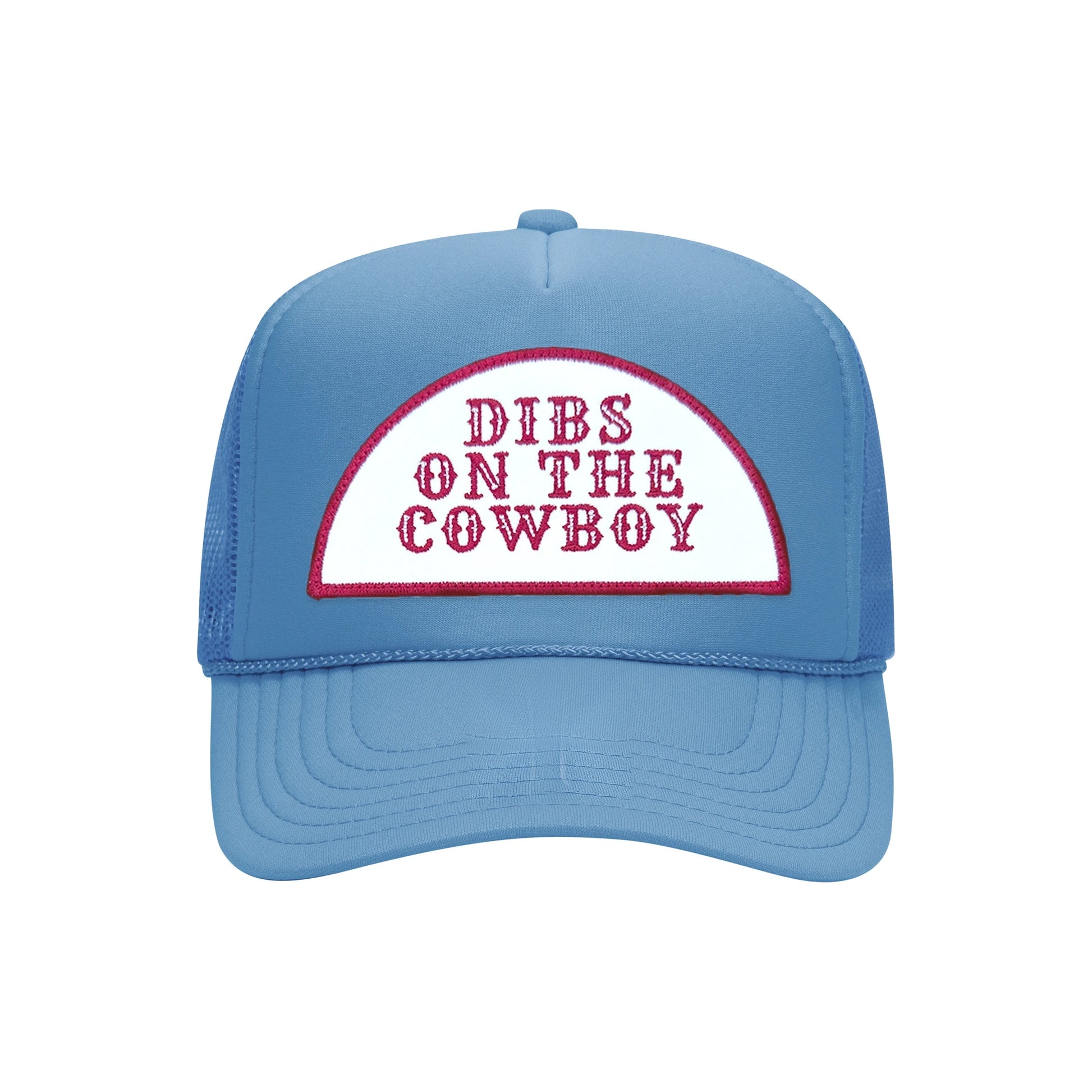 Dibs On The Cowboy trucker hat in cobalt blue high-profile foam, front view