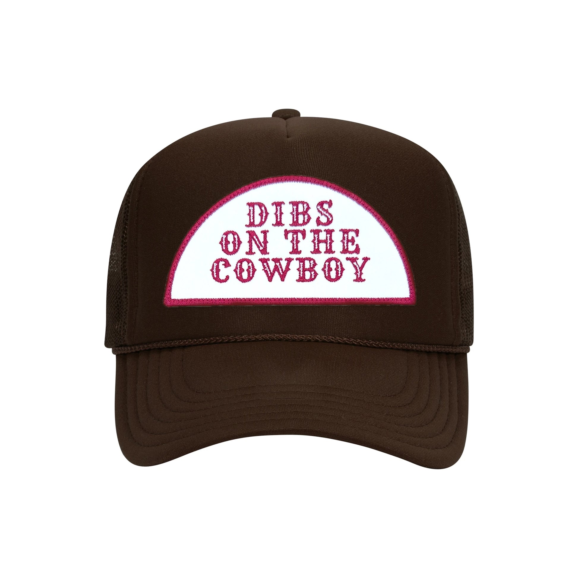 Dibs On The Cowboy trucker hat in espresso brown high-profile foam, front view