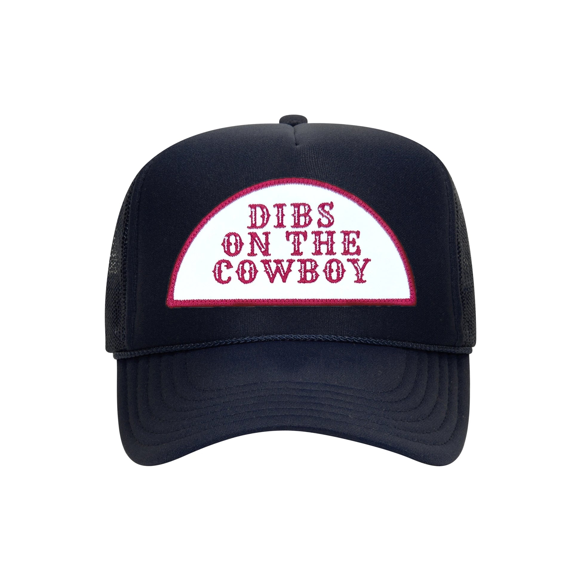 Dibs On The Cowboy trucker hat in navy high-profile foam, front view