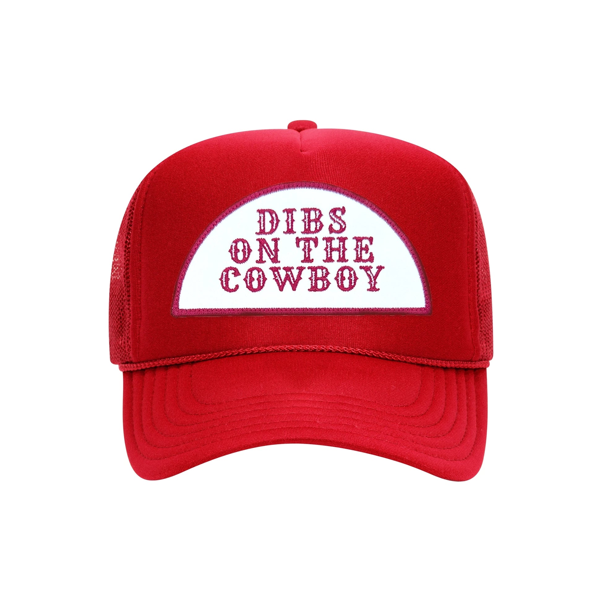Dibs On The Cowboy trucker hat in red high-profile foam, front view