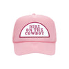 Dibs On The Cowboy trucker hat in soft pink high-profile foam, front view