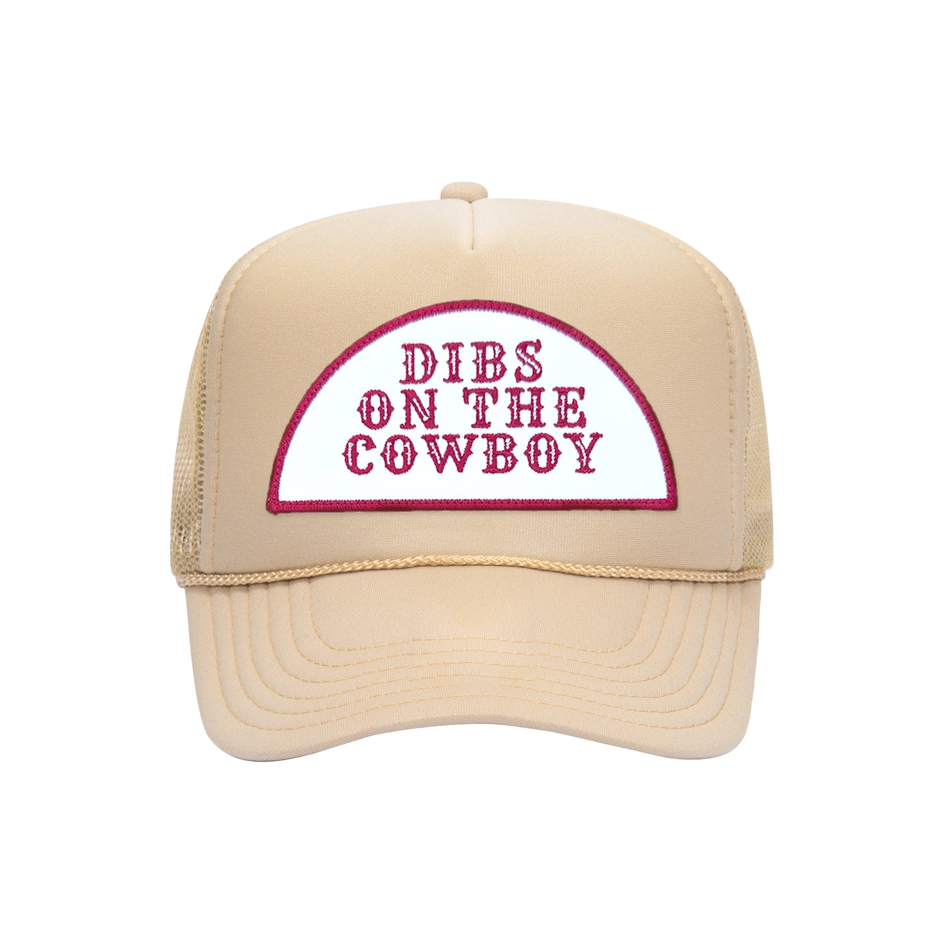 Dibs On The Cowboy trucker hat in tan high-profile foam, front view