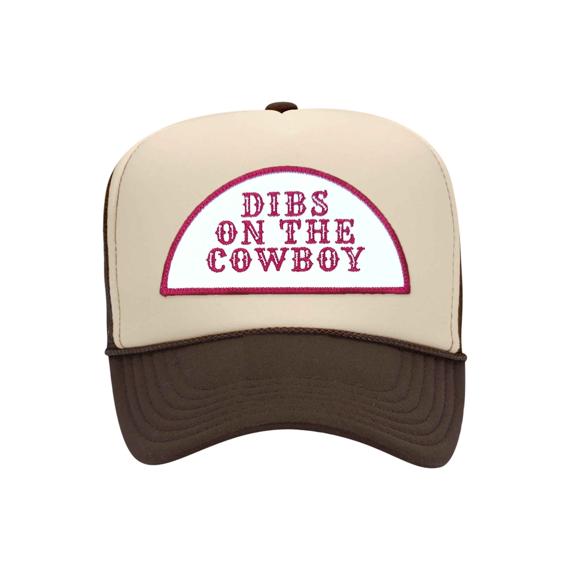 Dibs On The Cowboy trucker hat in tan and brown high-profile foam, front view