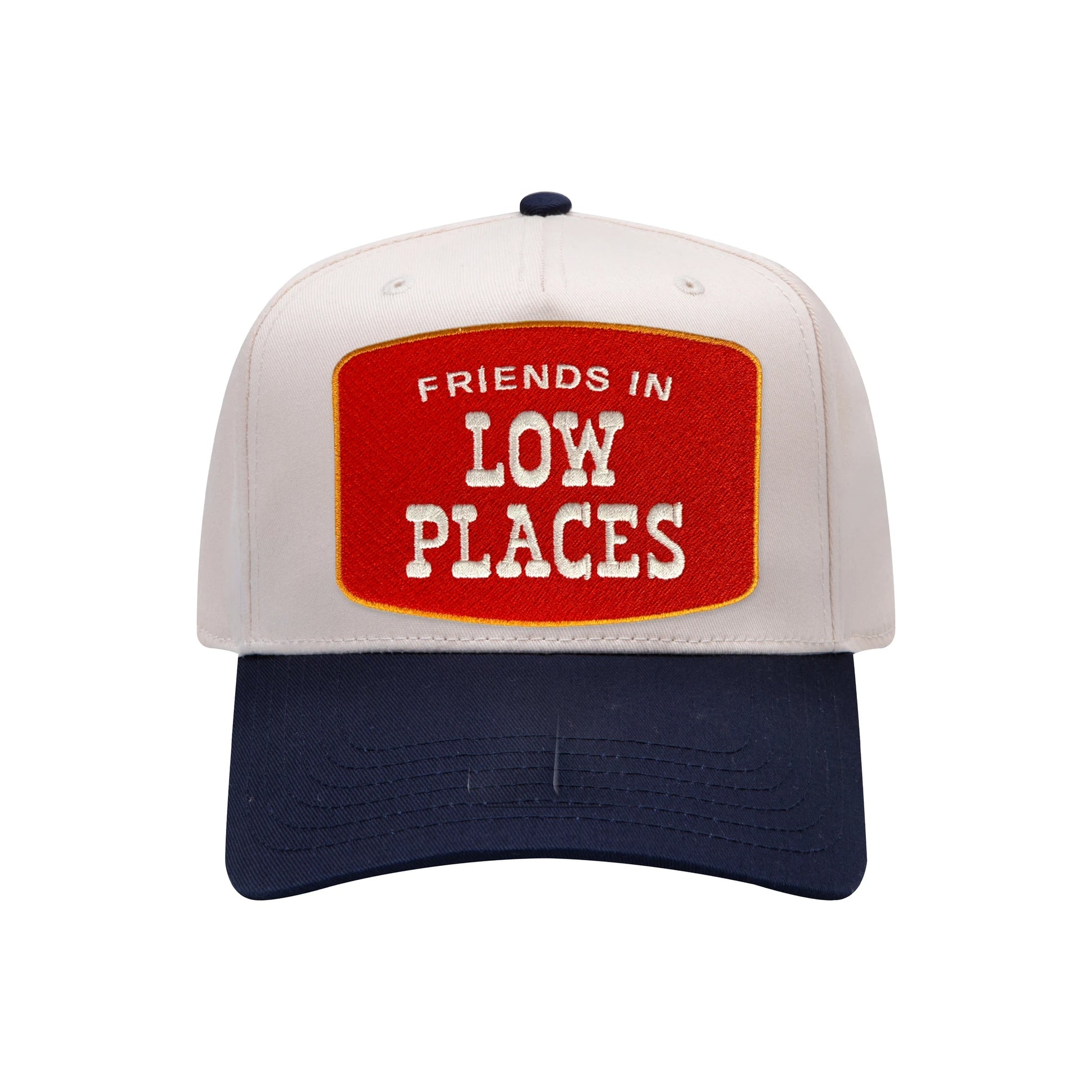 Friends In Low Places mid-profile baseball cap in natural and navy, front view