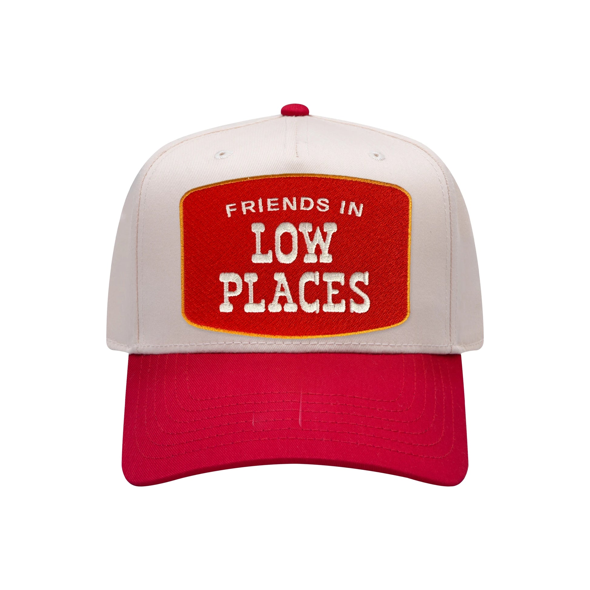 Friends In Low Places mid-profile baseball cap in natural and red, front view