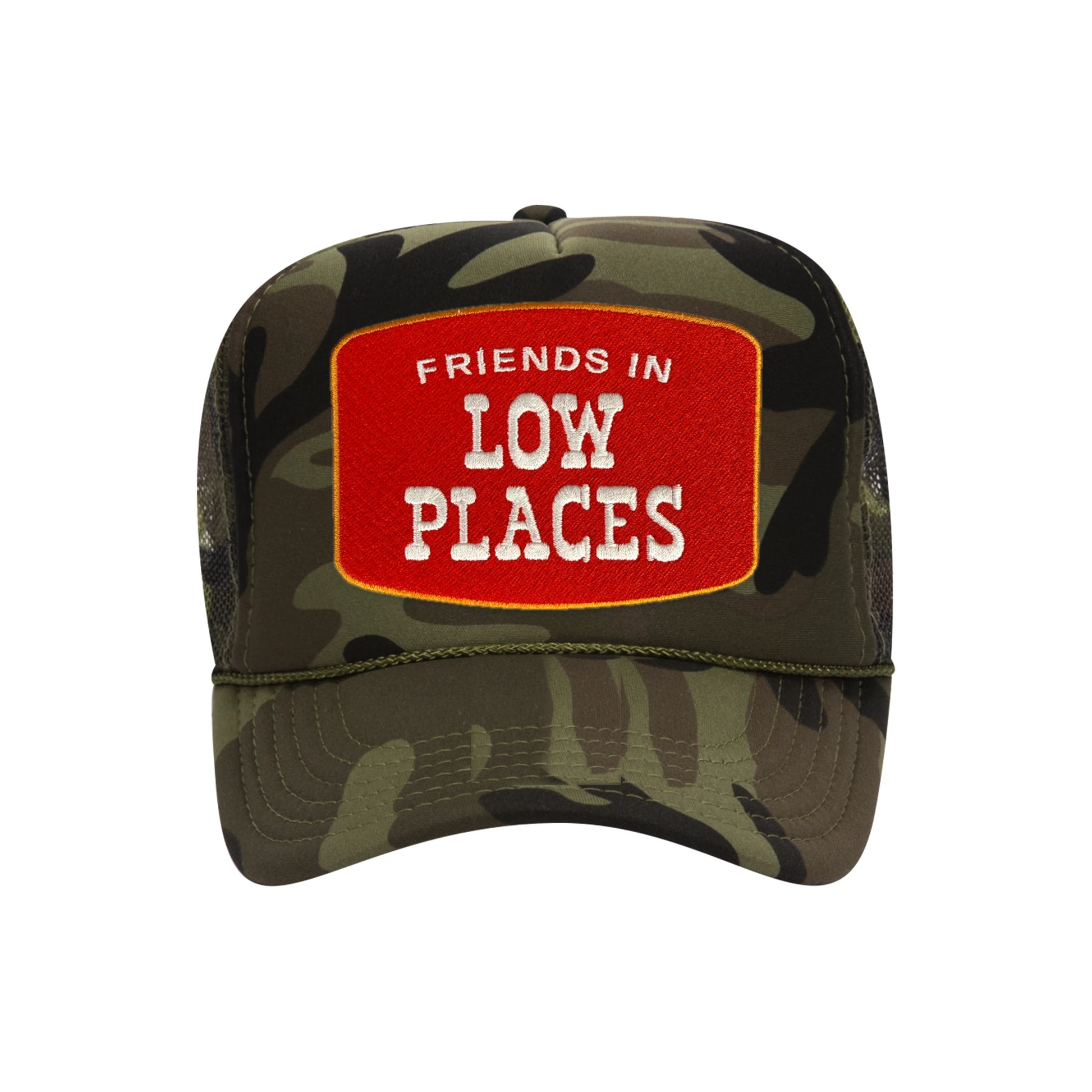 Friends In Low Places trucker hat in camouflage high-profile foam, front view