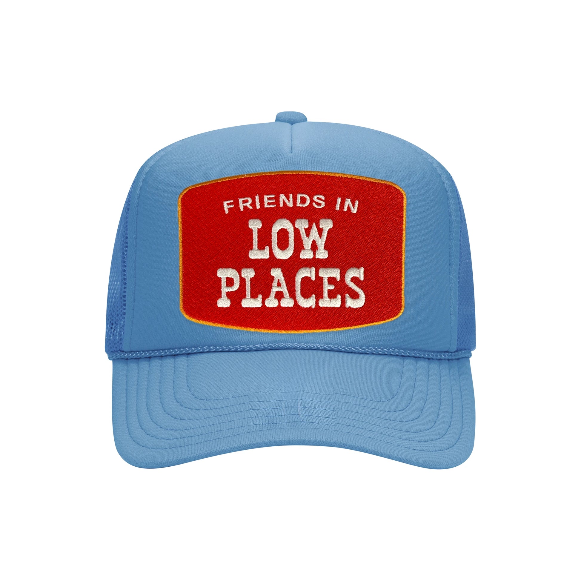 Friends In Low Places trucker hat in cobalt blue high-profile foam, front view
