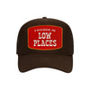 Friends In Low Places trucker hat in espresso brown high-profile foam, front view