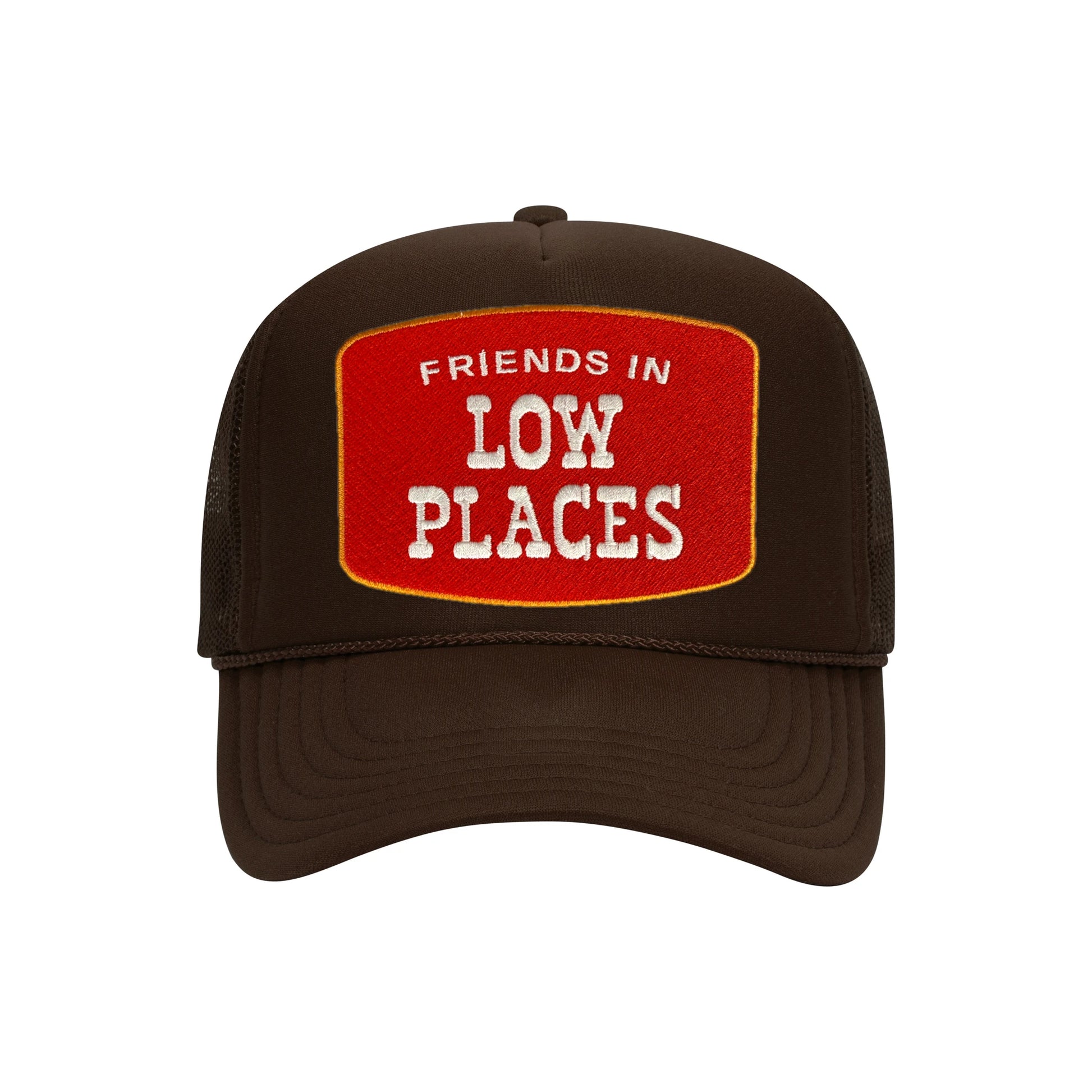 Friends In Low Places trucker hat in espresso brown high-profile foam, front view