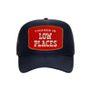 Friends In Low Places trucker hat in navy high-profile foam, front view