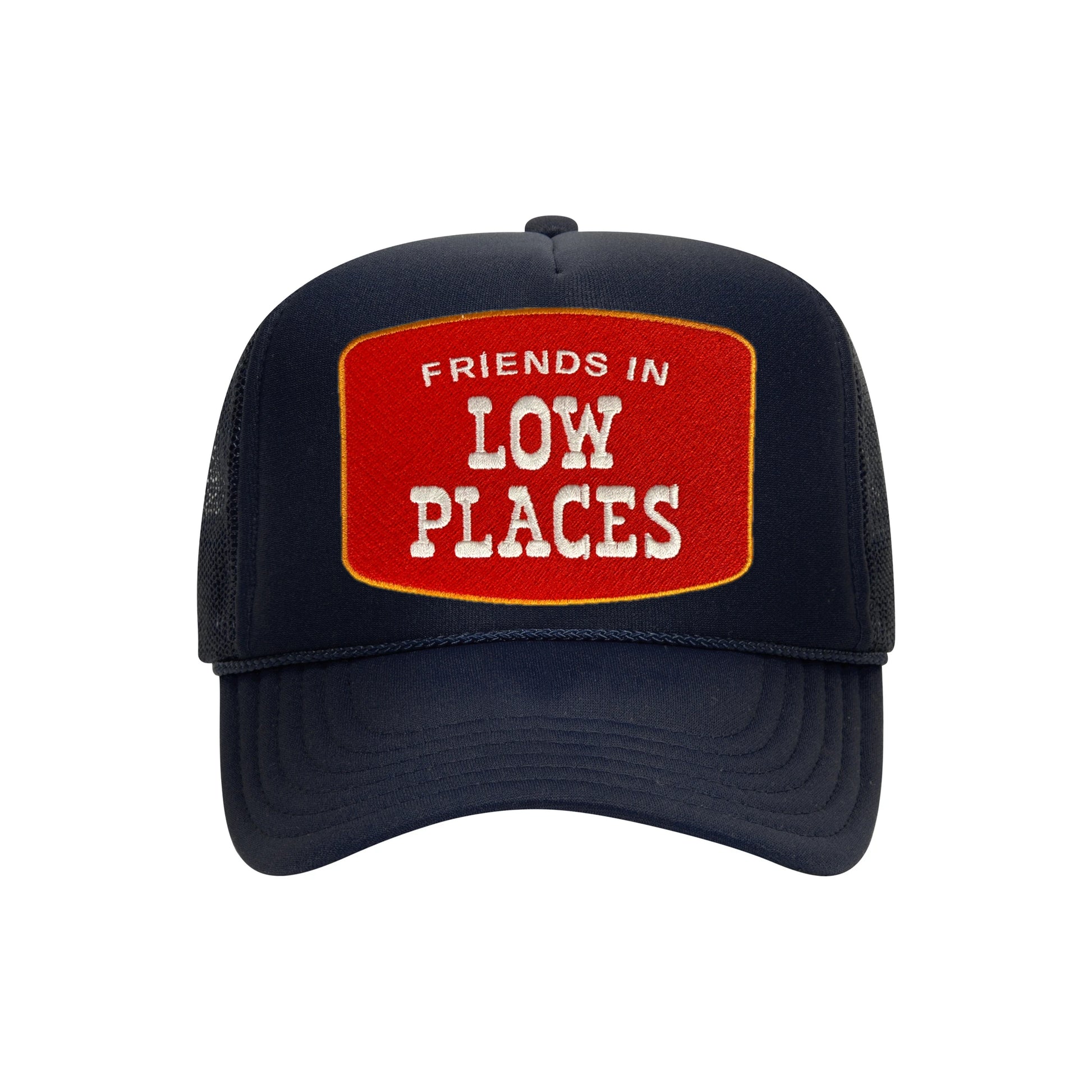 Friends In Low Places trucker hat in navy high-profile foam, front view