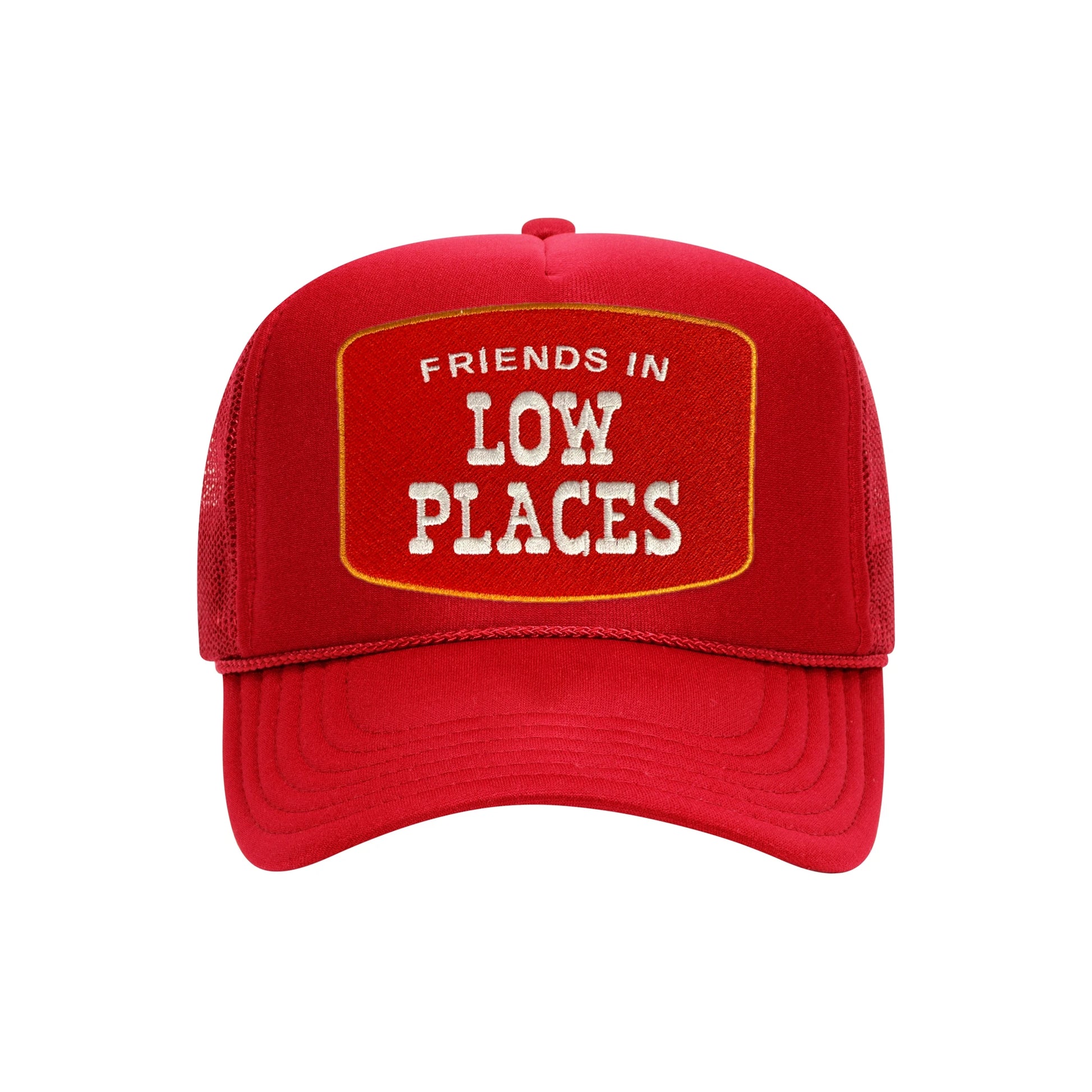Friends In Low Places trucker hat in red high-profile foam, front view