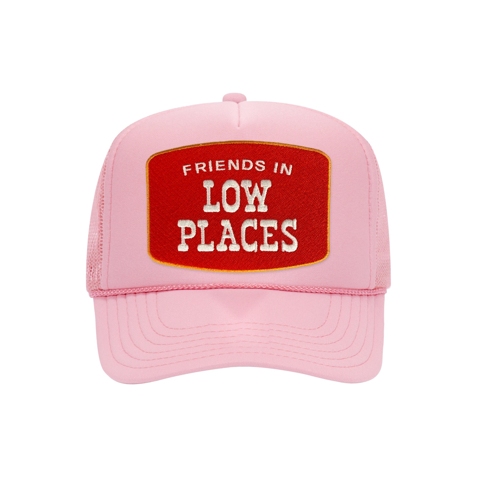 Friends In Low Places trucker hat in soft pink high-profile foam, front view