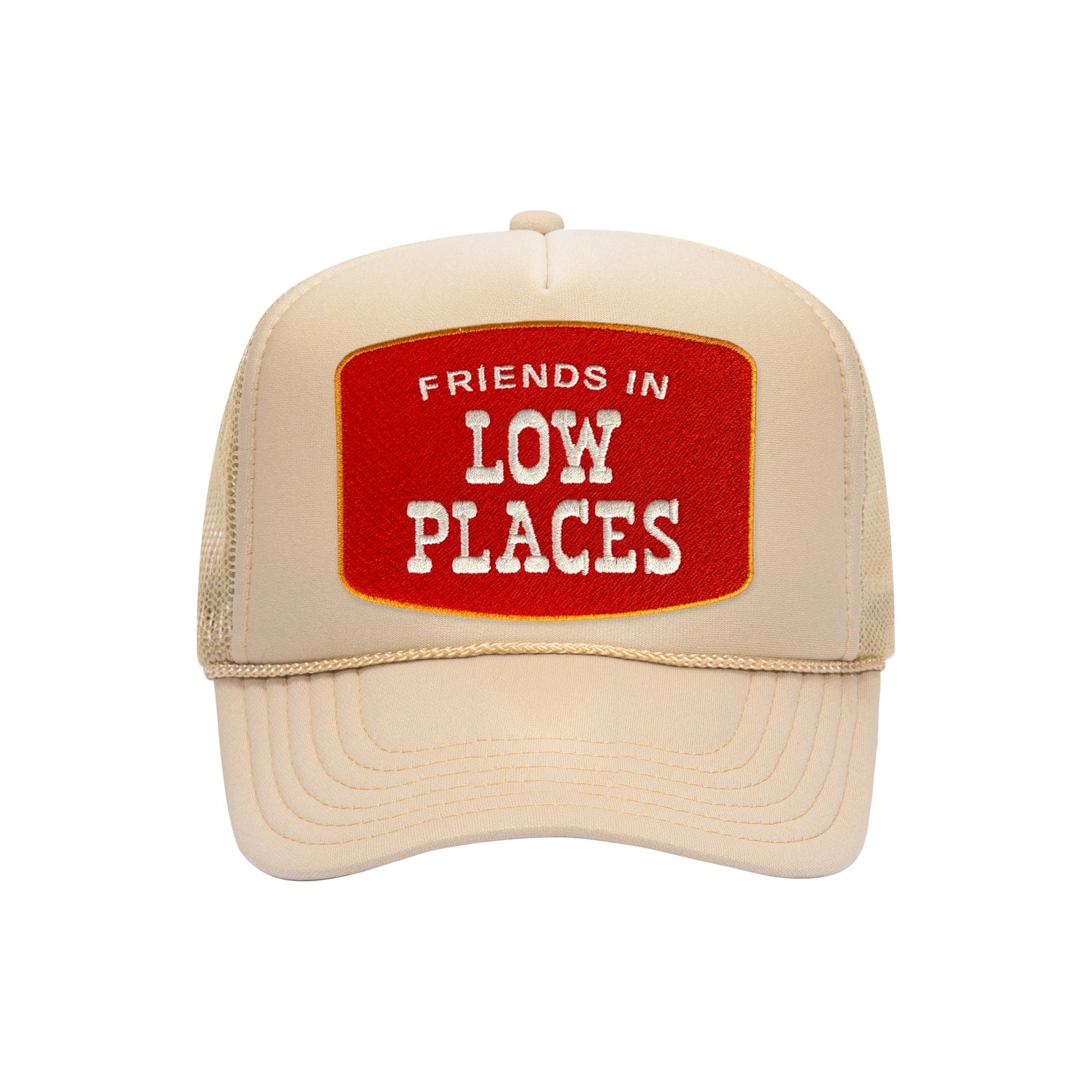 Friends In Low Places trucker hat in tan high-profile foam, front view