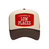 Friends In Low Places trucker hat in tan and brown high-profile foam, front view