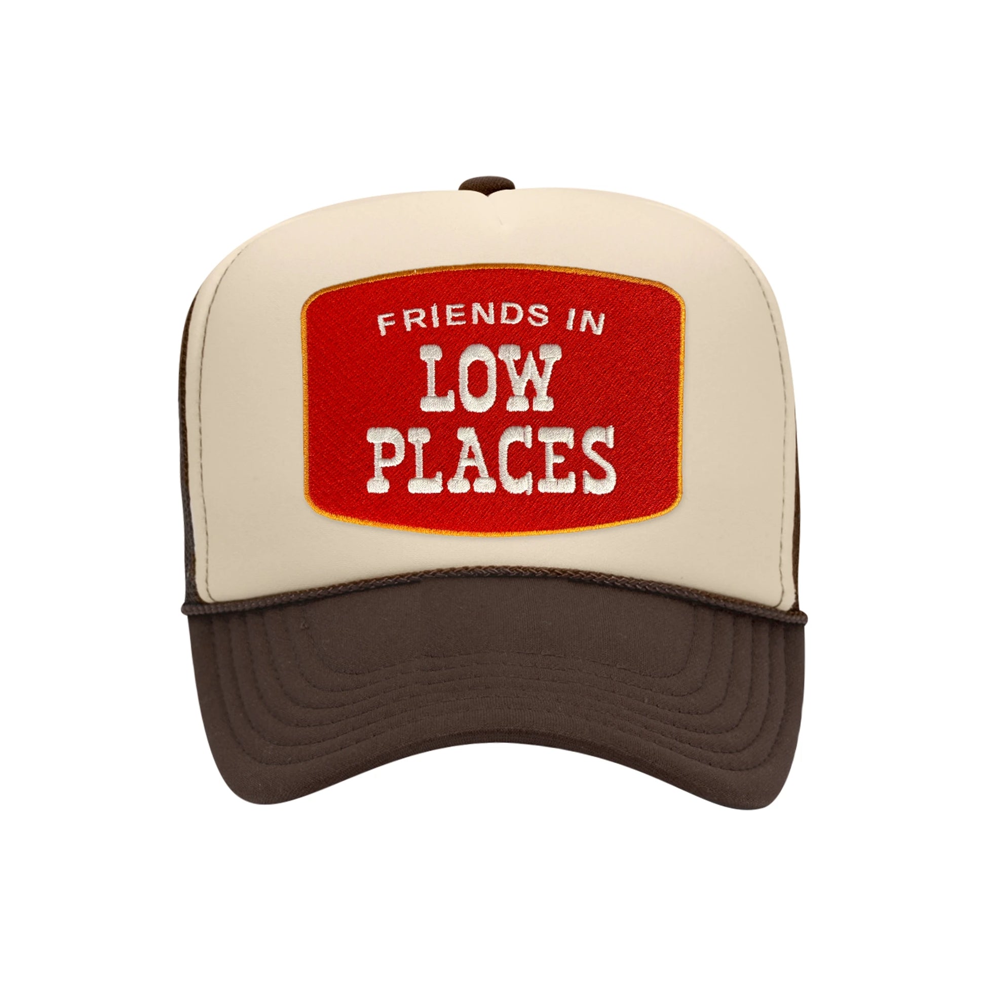 Friends In Low Places trucker hat in tan and brown high-profile foam, front view