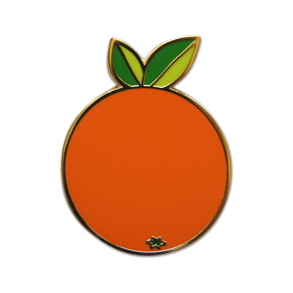 Florida orange enamel hat pin with a gold border and green leaves on a plain white background