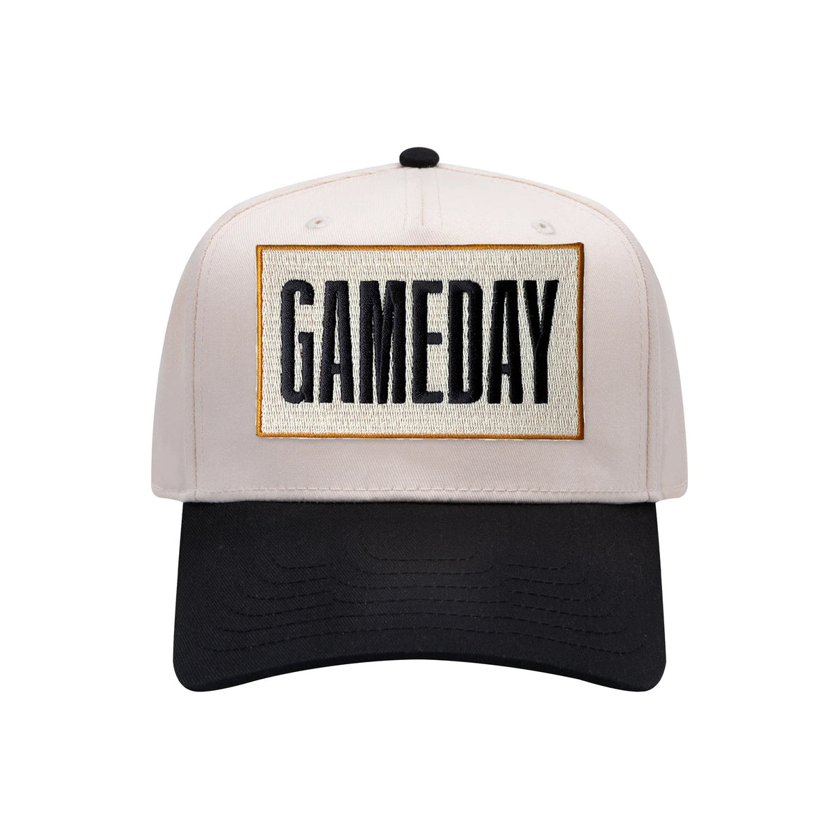 Gameday embroidered patch on a natural and black mid-profile baseball hat