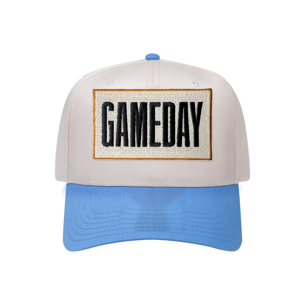 Gameday embroidered patch on a natural and cobalt blue mid-profile baseball hat