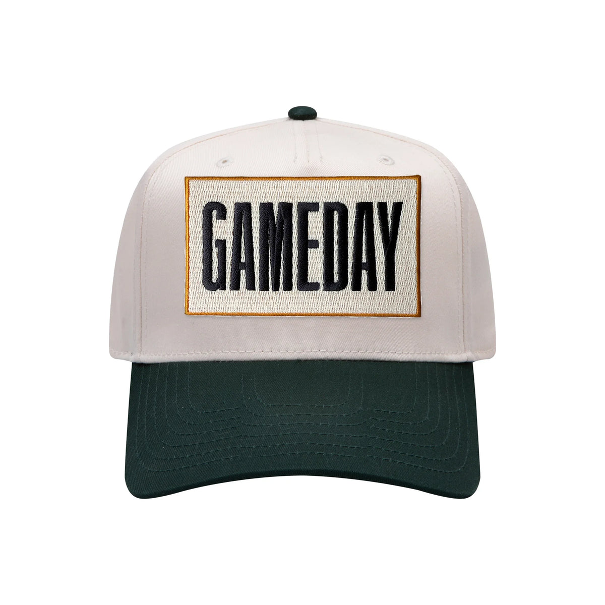 Gameday embroidered patch on a natural and dark green mid-profile baseball hat