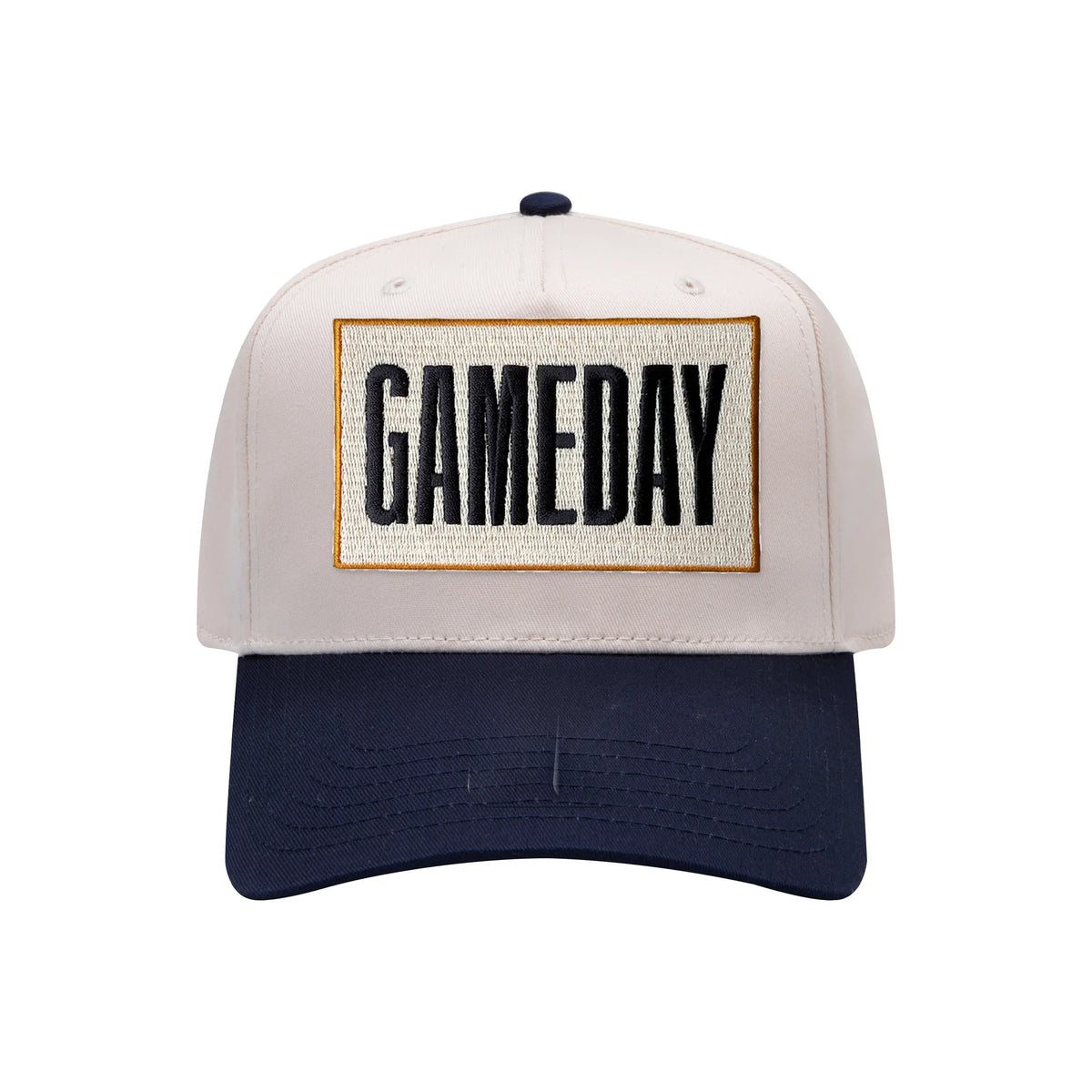 Gameday embroidered patch on a natural and navy mid-profile baseball hat