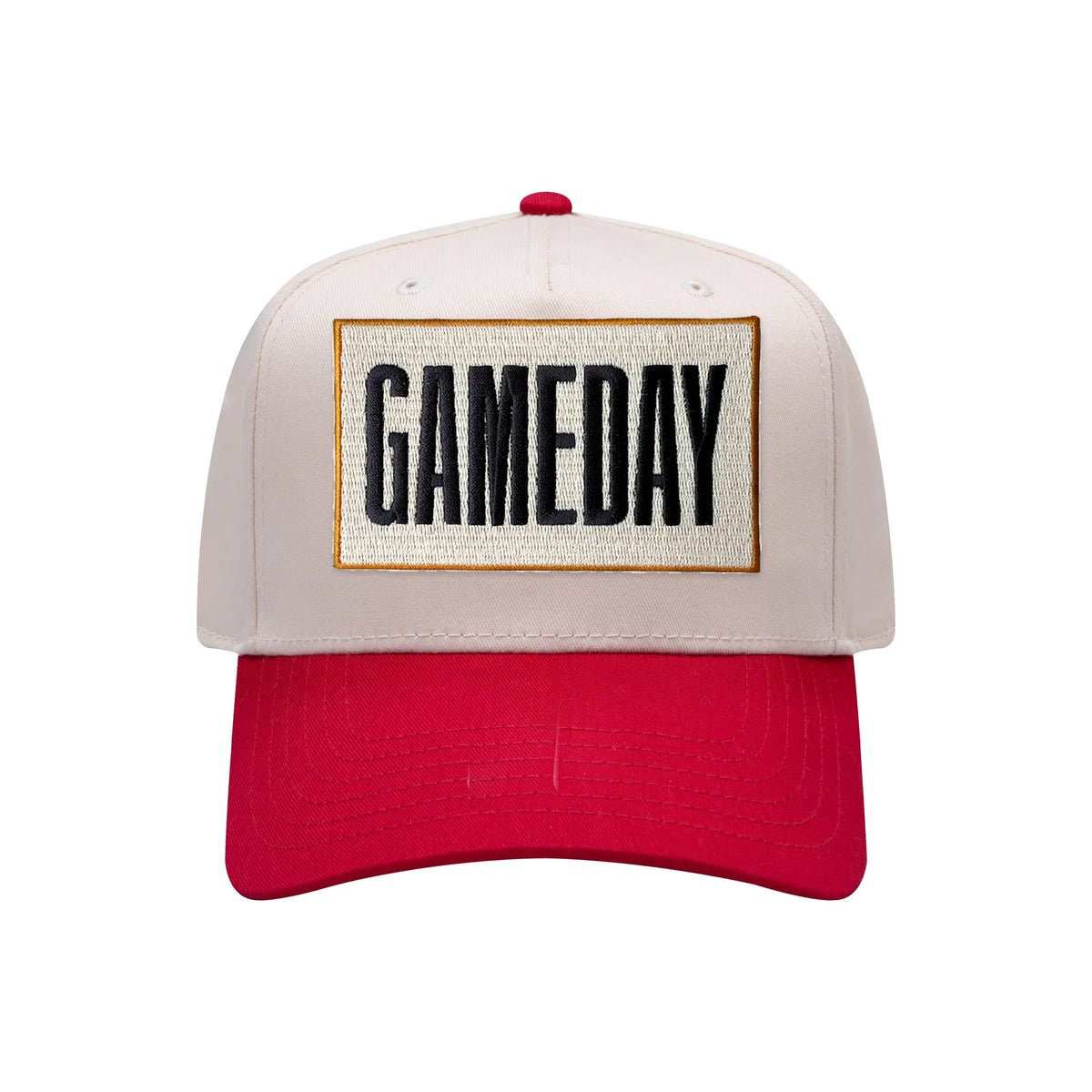 Gameday embroidered patch on a natural and red mid-profile baseball hat