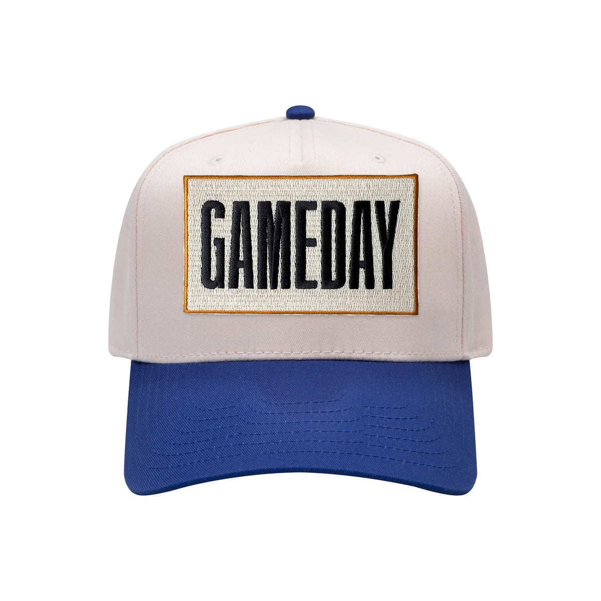 Gameday embroidered patch on a natural and royal blue mid-profile baseball hat