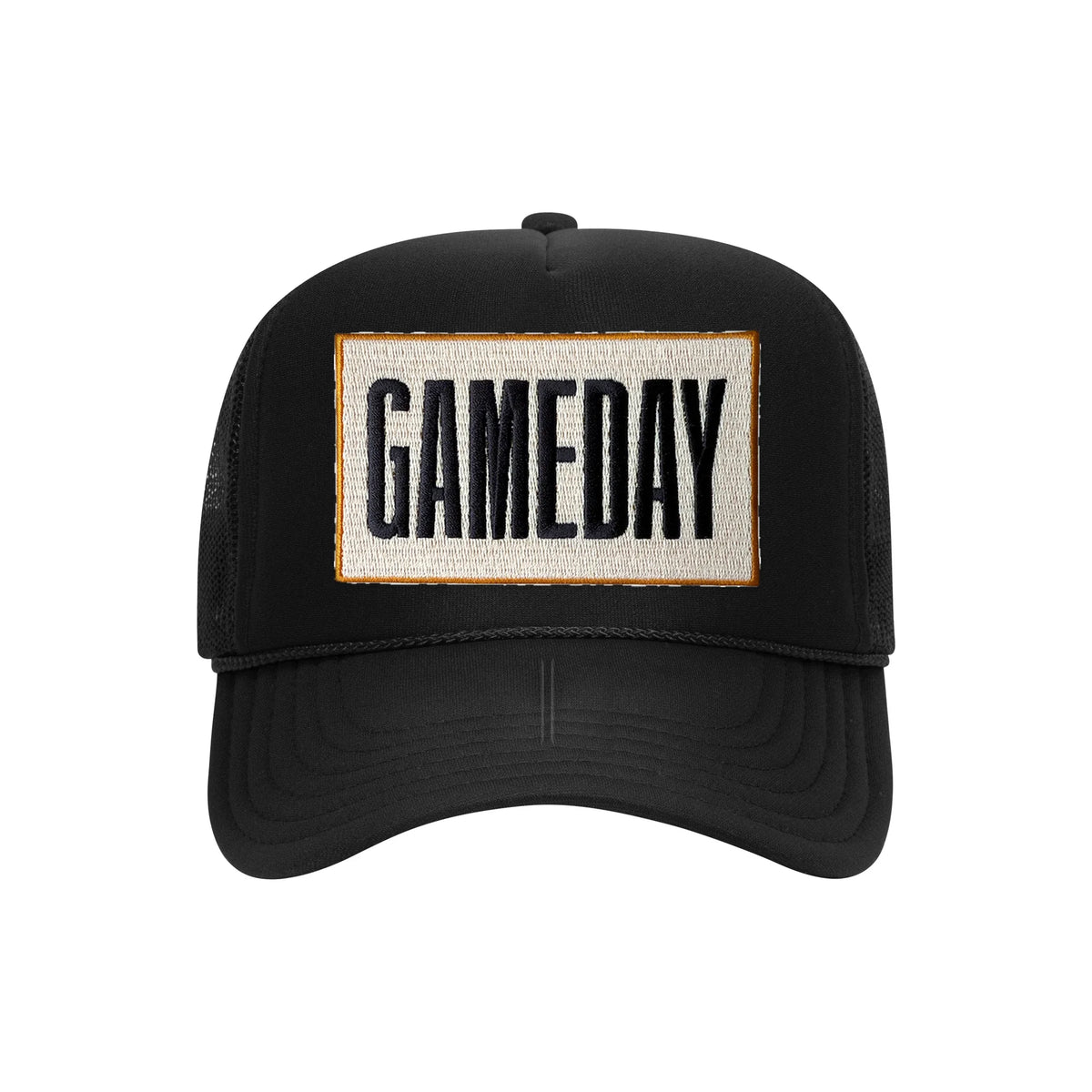 Gameday embroidered patch on a black high-profile foam trucker hat