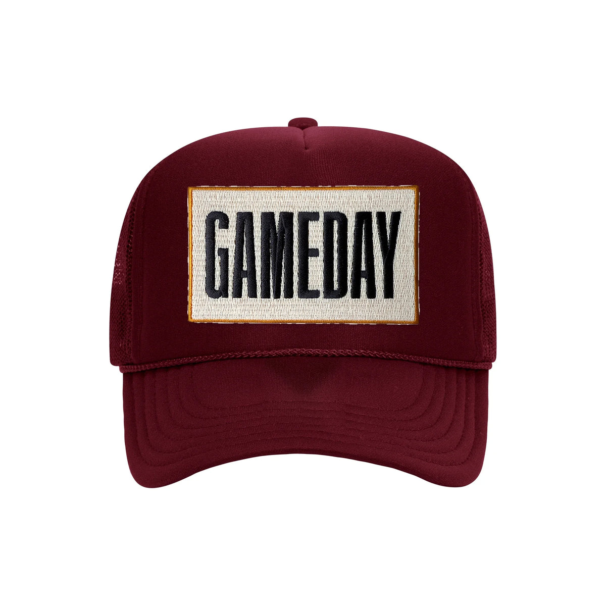 Gameday embroidered patch on a burgundy high-profile foam trucker hat