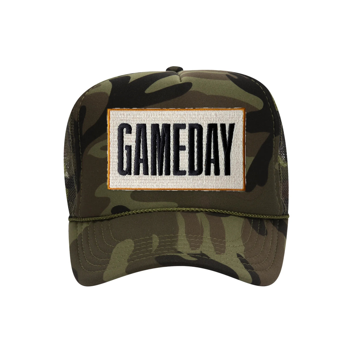 Gameday embroidered patch on a camouflage high-profile foam trucker hat