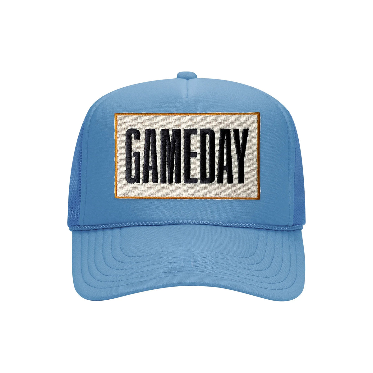 Gameday embroidered patch on a cobalt blue high-profile foam trucker hat
