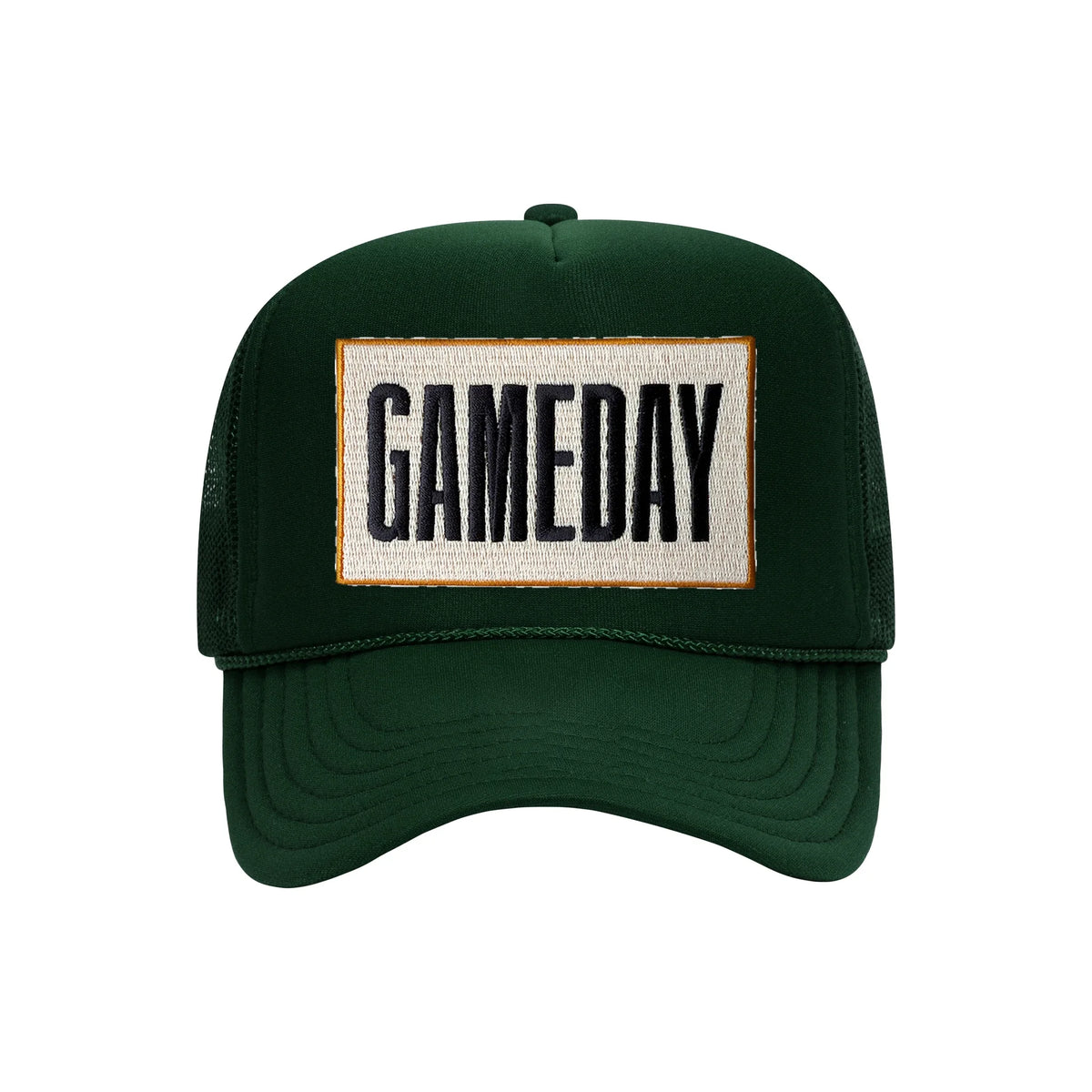 Gameday embroidered patch on a dark green high-profile foam trucker hat