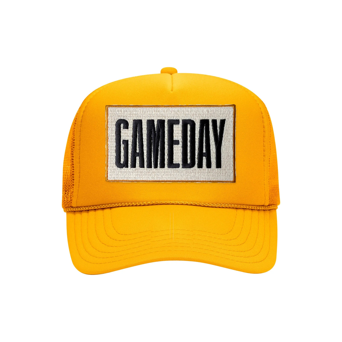 Gameday embroidered patch on a gold high-profile foam trucker hat