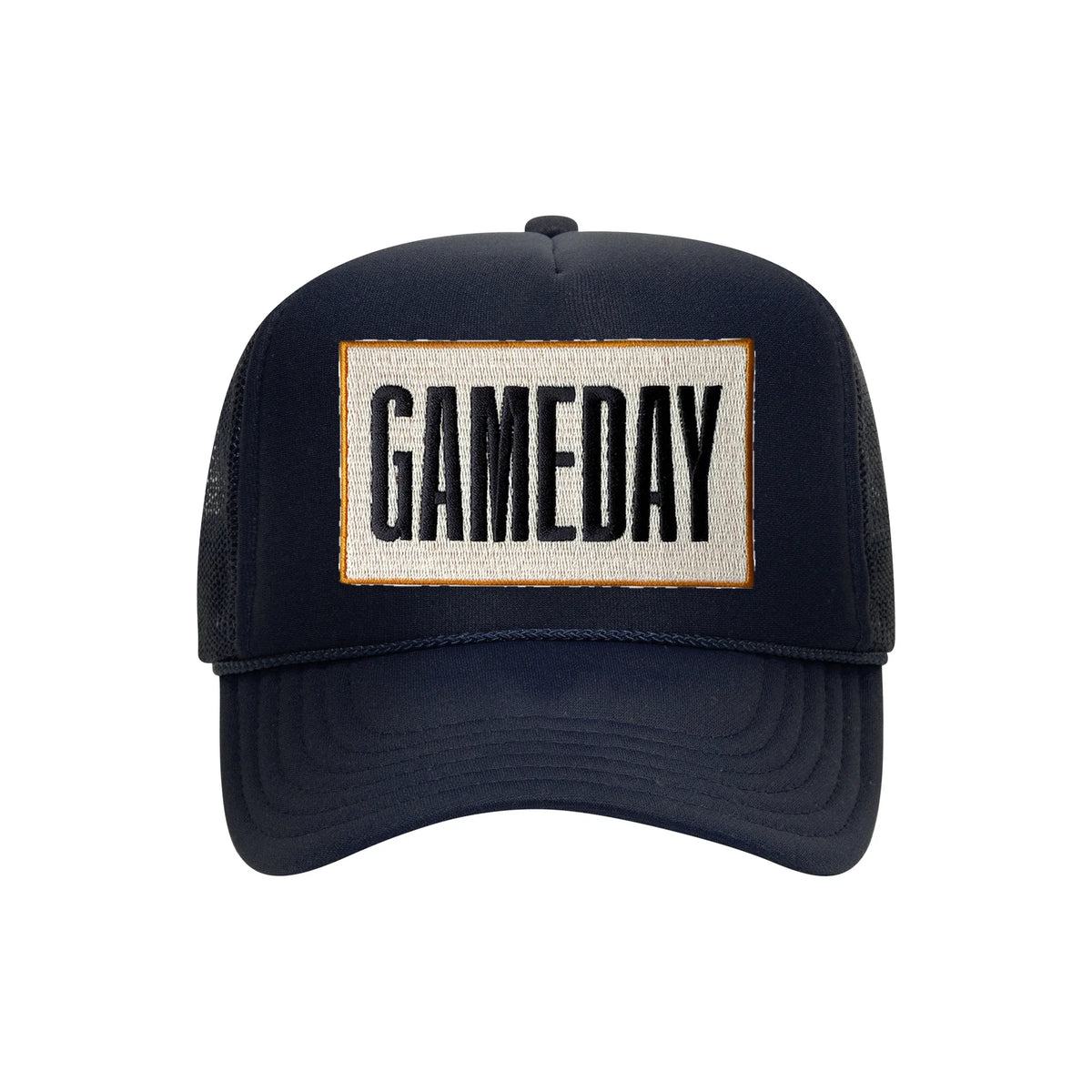 Gameday embroidered patch on a navy high-profile foam trucker hat