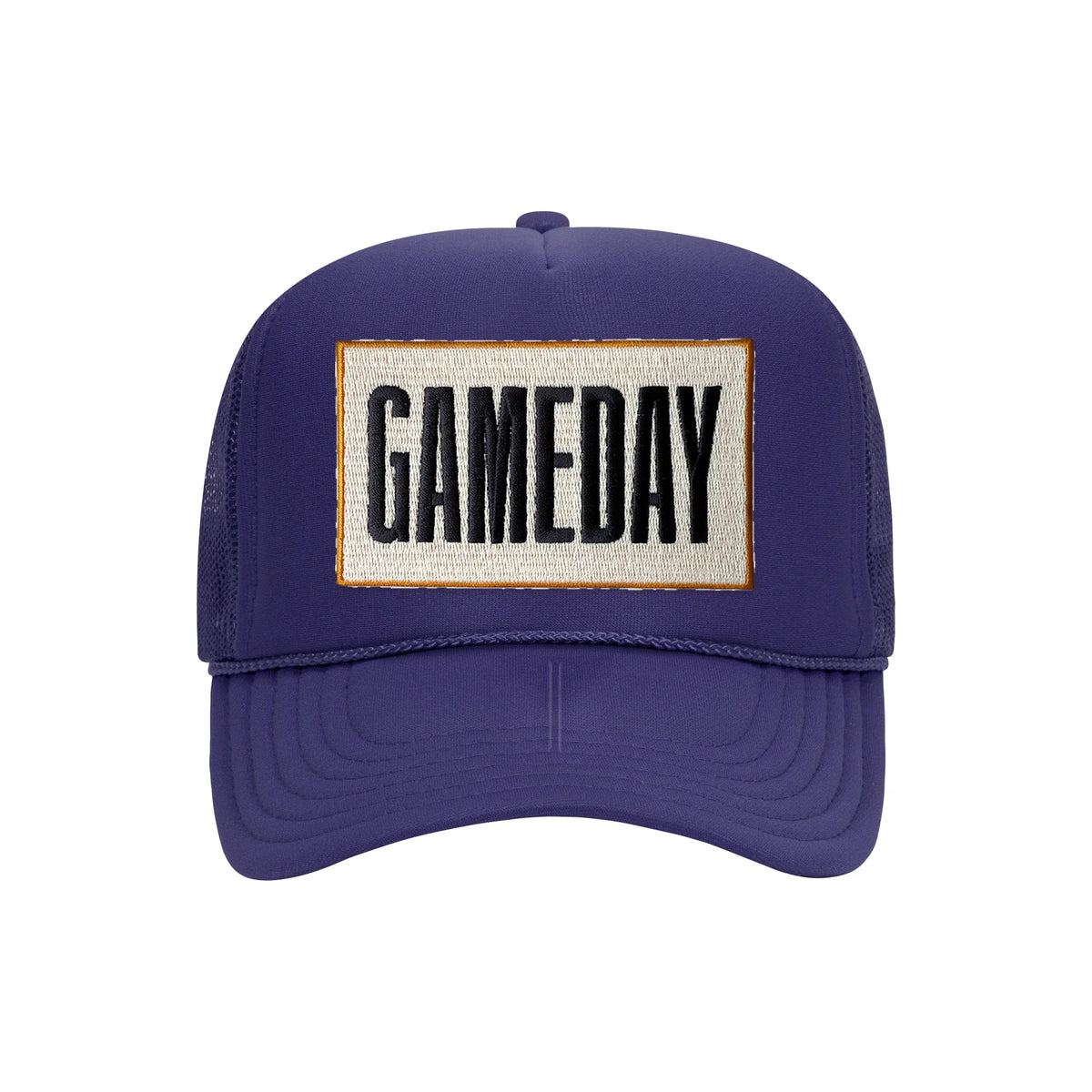 Gameday embroidered patch on a purple high-profile foam trucker hat