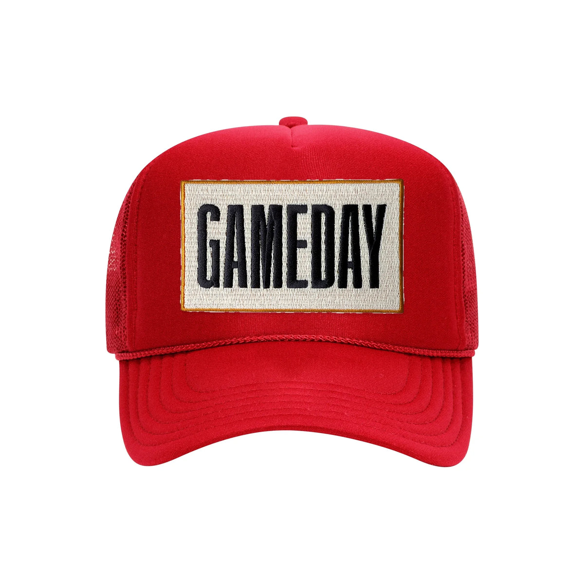 Gameday embroidered patch on a red high-profile foam trucker hat