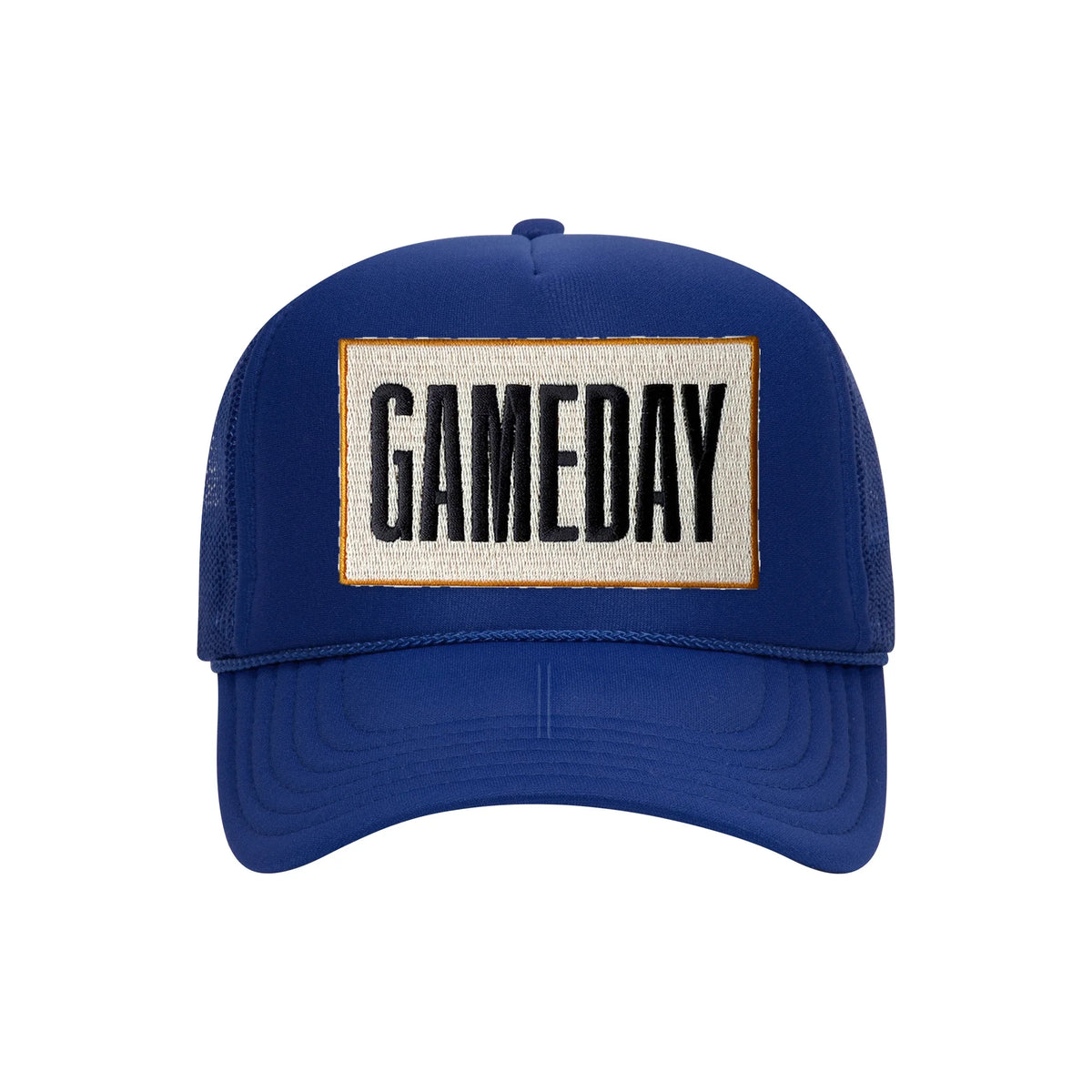 Gameday embroidered patch on a royal blue high-profile foam trucker hat